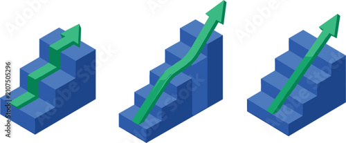 Isometric business growth charts with green arrows climbing blue stairs