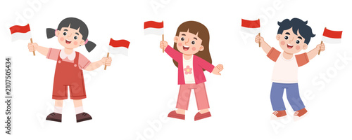 Illustration of cheerful children holding the Indonesian flag