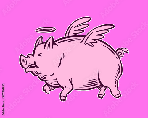 Fly piggly, pig, piglet with wings, drawing, Silhouette angel pig. Illustration