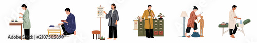Flat vector illustrations of traditional Chinese medicine practitioners performing acupuncture, herbal medicine, and cupping therapy for holistic wellness and healing.