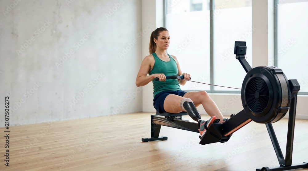 Fototapeta premium Woman with a prosthetic leg exercising on a rowing machine in a bright gym. Female amputee doing cardiovascular workout and strength training