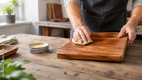 Woodworker applying wax finish to a wooden cutting board. Hands polishing wood with a cloth on a rustic workbench. DIY craft and woodworking hobby