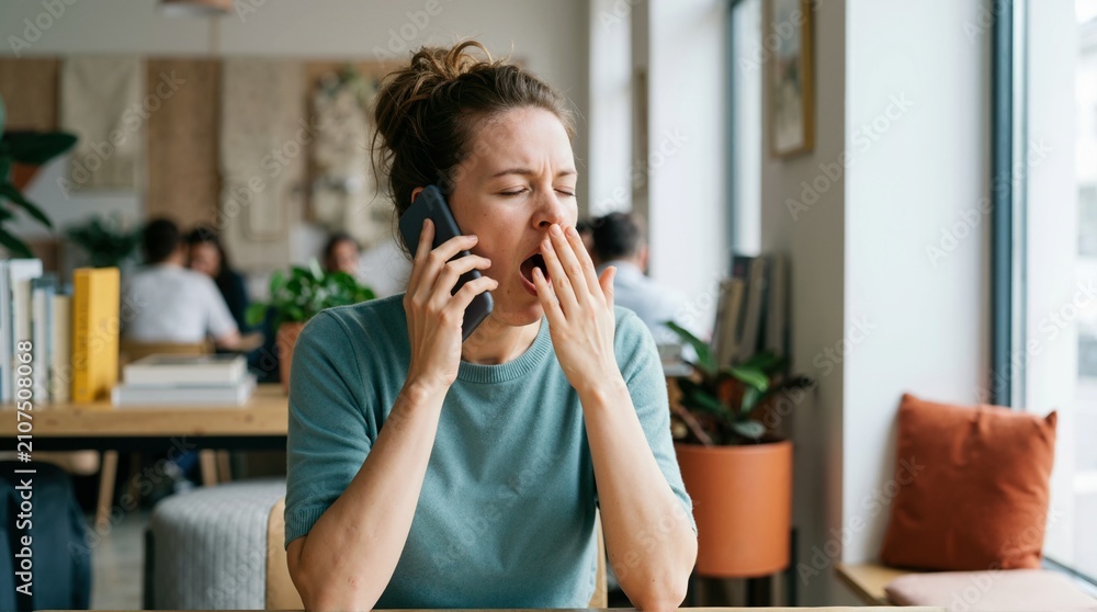 Fototapeta premium Tired woman yawning while talking on smartphone. Exhausted female employee on phone call in cafe