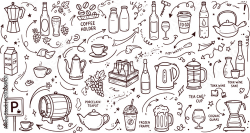 Tableau sur toile Hand drawn beverages and drinkware collection with beverage wineglass caffeine i