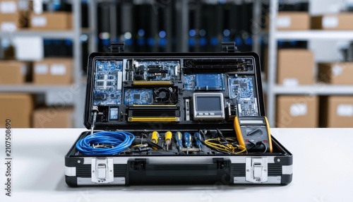 Open black equipment case containing network tools and circuit boards on a white table