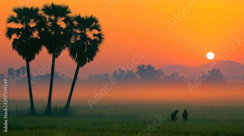 Palm trees silhouetted against a vibrant orange sunrise over a misty tropical landscape