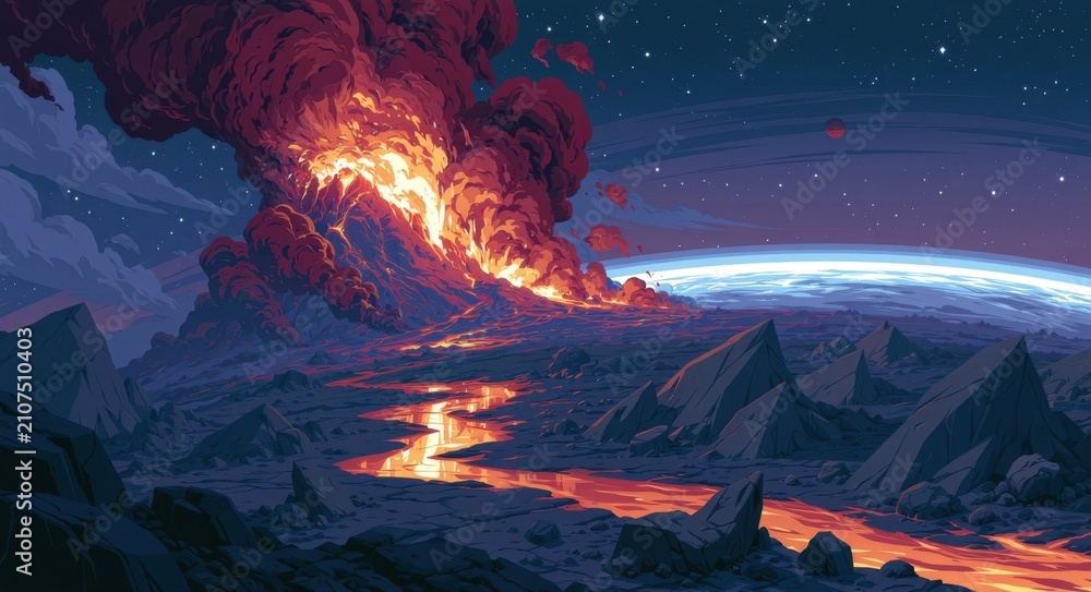 Fototapeta premium Pixel art volcano erupting with lava flow on an alien planet at night