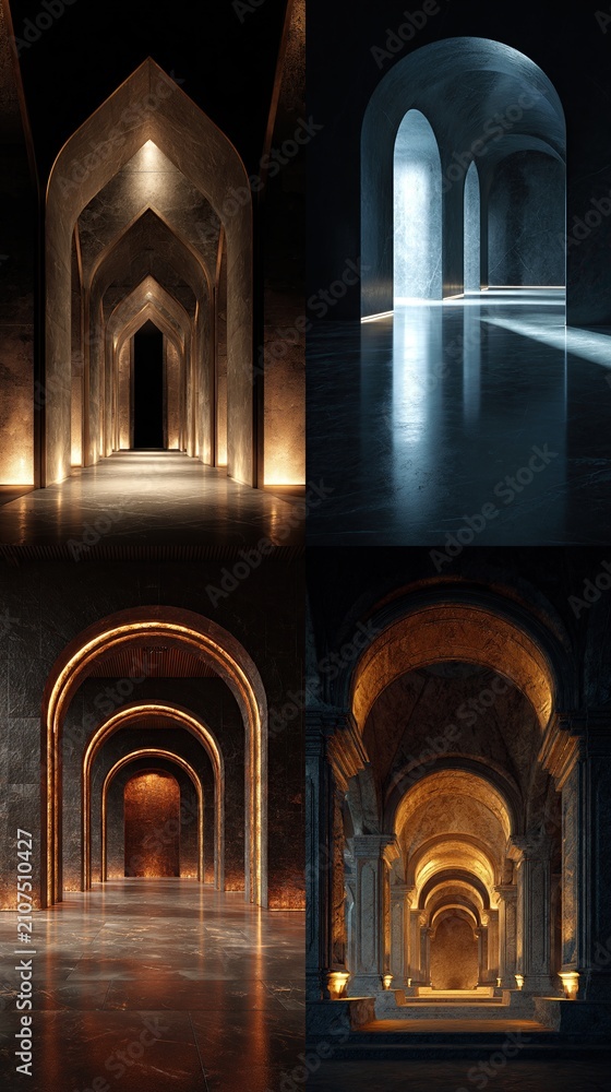 Fototapeta premium Architectural interior with arched doorways and warm lighting in a luxurious exhibition hall