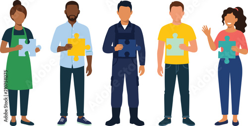 Cuadro en lienzo Diverse multiethnic people and workers holding puzzle pieces vector concept for