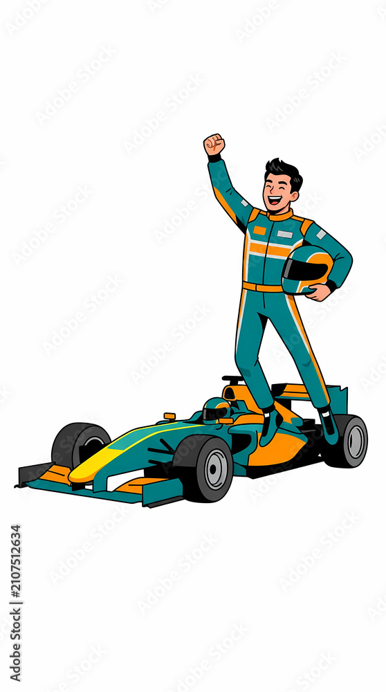 Obraz premium A triumphant racing driver stands atop his formula car with a fist raised in victory.
