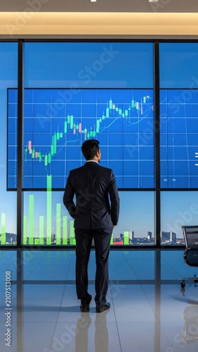 A businessman in a suit gazes at a stock market chart displayed on a large window screen
