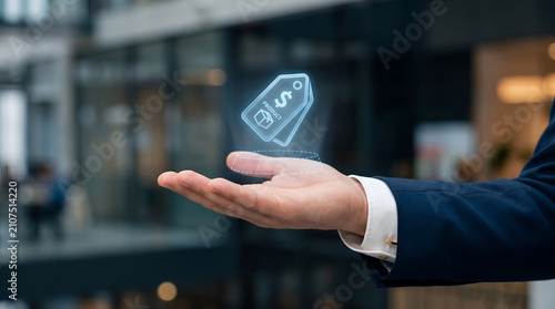 Digital pricing concept featuring holographic product tag in retail setting