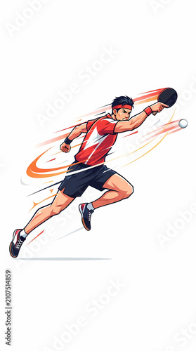 Dynamic illustration of a male table tennis player executing a powerful shot.
