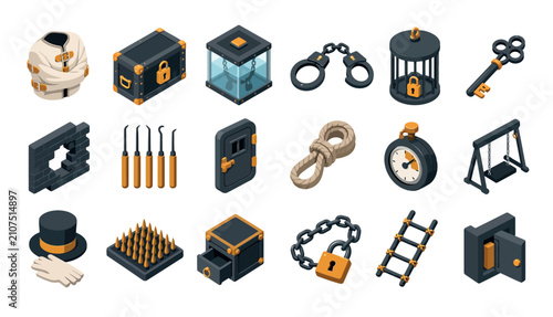 Tableau sur toile Isometric icons of various tools and security items.