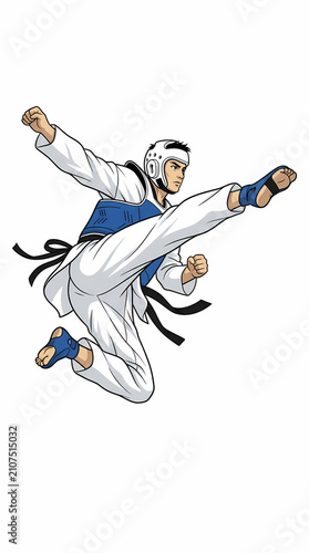 A dynamic taekwondo athlete in midair executing a high flying side kick while wearing full protective gear and a traditional white dobok.