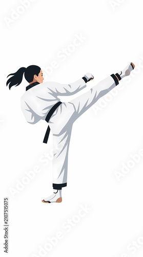 A woman in martial arts uniform performing a high kick.
