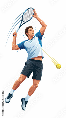 Dynamic tennis player in mid-air smash stroke action with racket and ball.