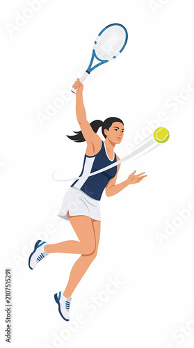 A female tennis player mid-air preparing to strike a tennis ball with a racket.