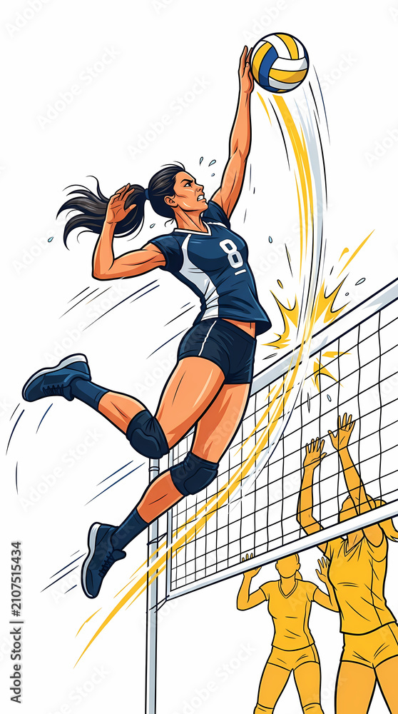 Fototapeta premium Dynamic volleyball player leaping to spike the ball during an intense match.