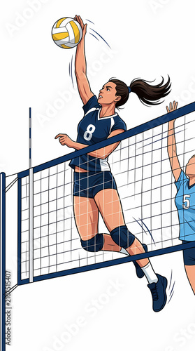 Dynamic volleyball player executing a powerful spike over the net during an intense game action.