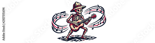 Obraz na plátne Skeleton playing guitar with musical notes