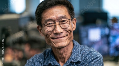 Smiling middle-aged asian man wearing glasses and a blue patterned shirt in a bright indoor setting