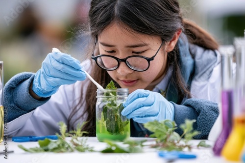 Girl in lab coat and blue gloves mixing green liquid in a glass jar during a botany experiment