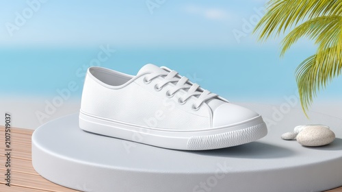 Blank white canvas sneaker mockup on pedestal with beach background