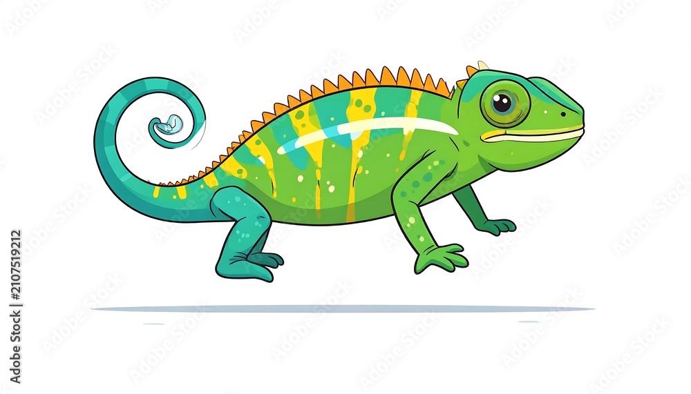 Fototapeta premium Green dinosaur with rainbow sail and curly tail.