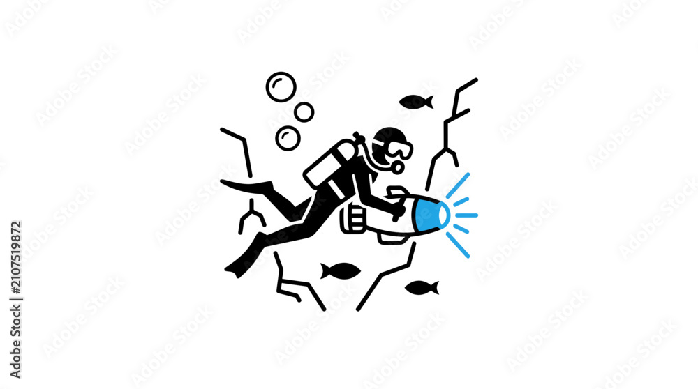 Fototapeta premium Diver with flashlight exploring underwater cave system illustration.