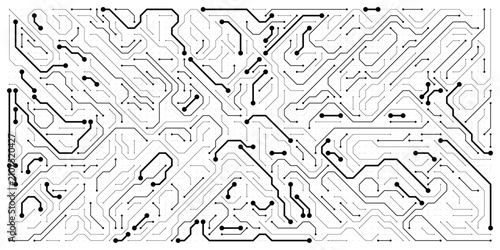 Konstfotografi High-tech black vector circuit board layout with bold signal tracks and terminal