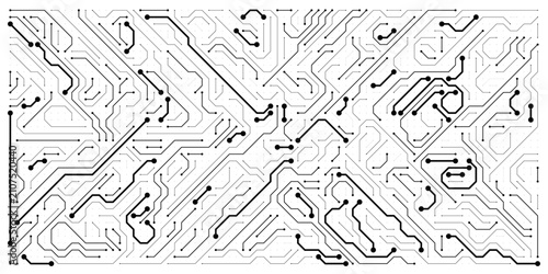 Foto Monochromatic printed circuit board vector design with bold trace lines and inte