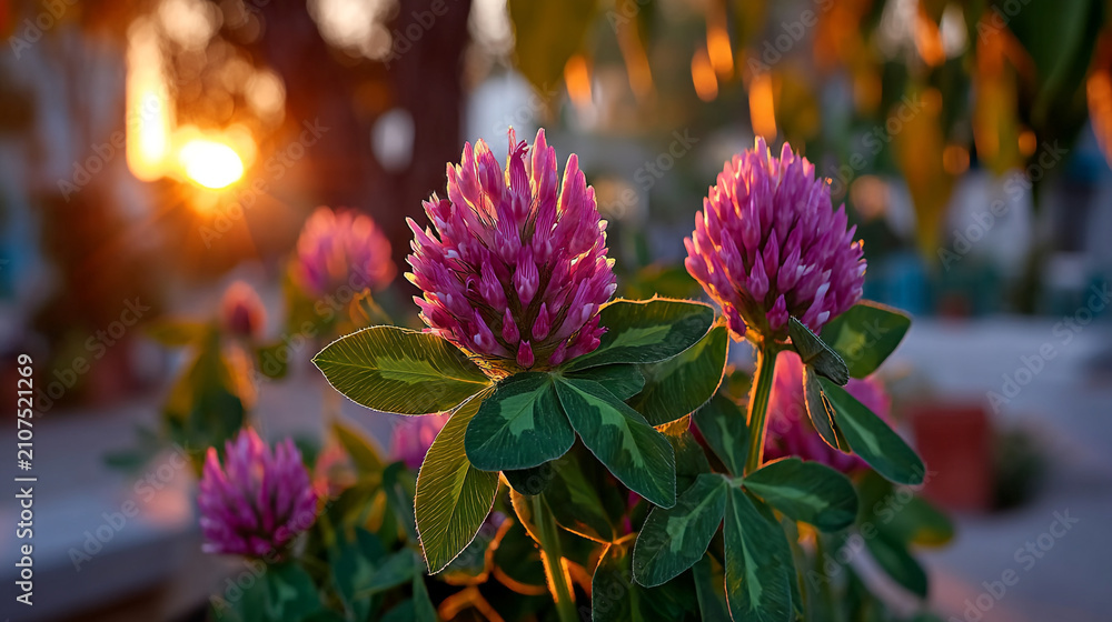 Obraz premium Purple clover flowers blooming at sunset with wildflowers blooming outdoors botanical sunlight