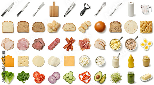 Sandwich making ingredients and kitchen tools. Food preparation items isolated on white.