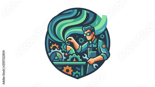 фотографія Retro-Modern Emblem: Clockmaker Repairing Northern Lights with Gears