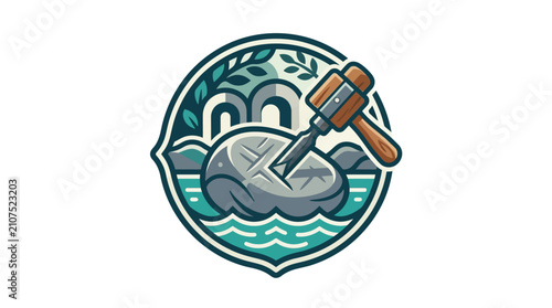 Fotografi Retro-Modern Emblem: River Stone Carving Workshop Badge with Natural Elements