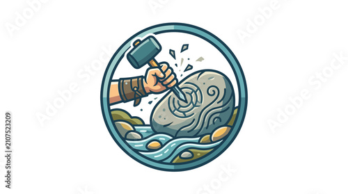 Schilderij op canvas Retro-Modern Emblem: River Stone Carving Workshop Icon with Hammer and Craftsman