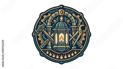 Slika na platnu Retro-Modern Emblem: Secret Society of Lantern Makers with Hammers and Gears