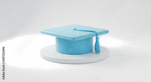 Minimalist 3D blue graduation cap on white circular platform. Academic success, university degree, and school achievement concept.