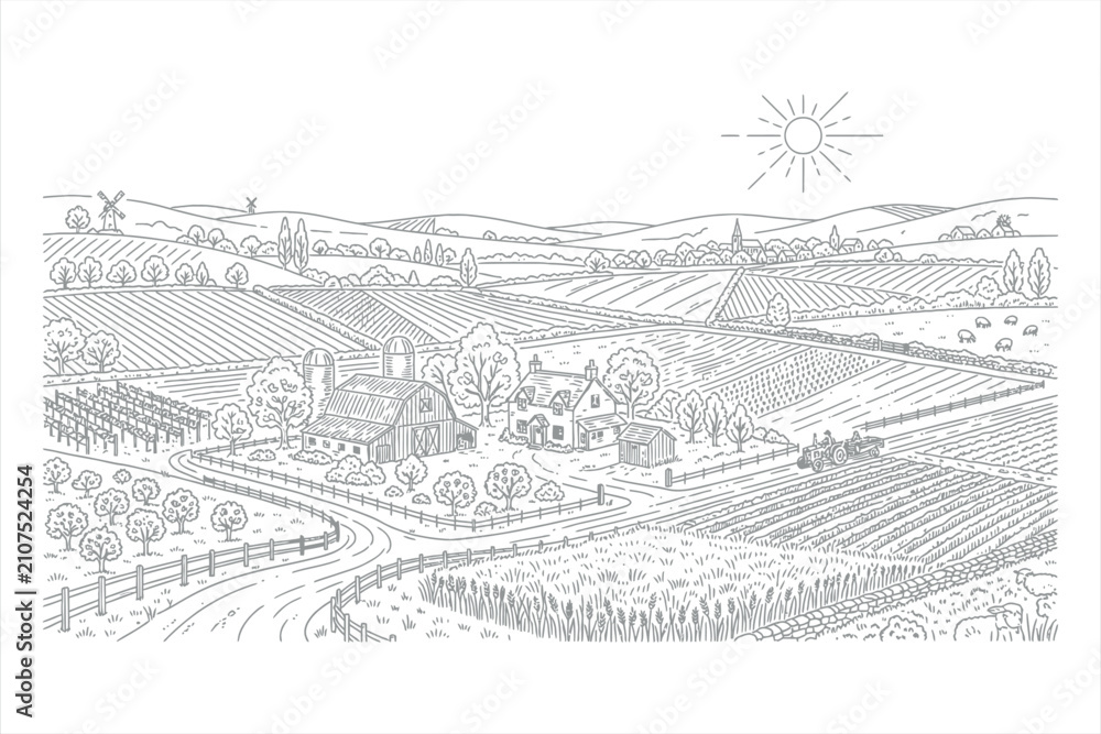 Fototapeta premium Vintage Autumn Vineyard Landscape Sketch with Rural Village, Old Architecture, Trees and River View in Hand Drawn Vector Illustration Style