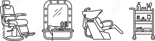Φωτογραφία Hair Salon and Barbershop Equipment Line Icon Set Featuring Barber Chair, Vanity