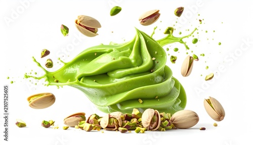 Vibrant green swirl of cream with scattered pistachios and splashes