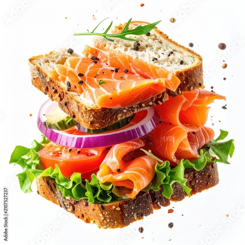Levitating sandwich with smoked salmon, fresh vegetables, and spices