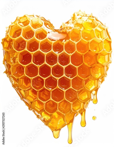 Heart-shaped honeycomb dripping with sweet, golden honey