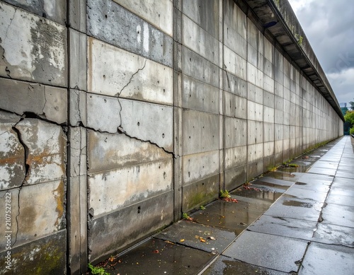 Cracked concrete wall beside wet sidewalk on overcast day