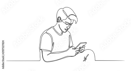 Young Man Sitting and Using Smartphone, Continuous Line Drawing