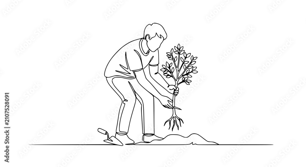 Obraz premium Gardener Planting Sapling, Continuous Line Art