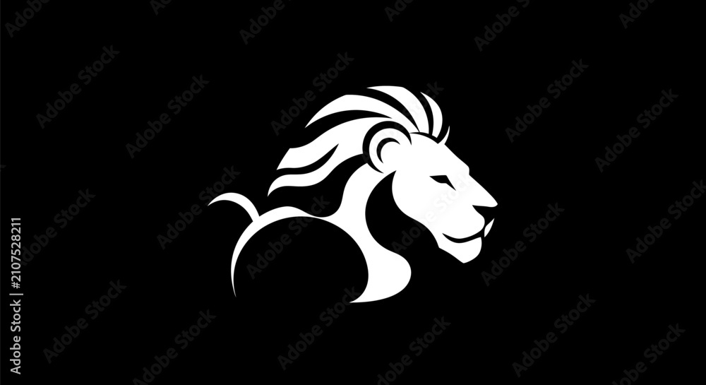 Fototapeta premium Minimalist white lion logo profile on black background. High-contrast stylized feline head design.