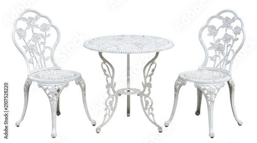 White metal bistro set with a small round table and two decorative chairs for a patio garden or cafe outdoor space isolated on transparent background