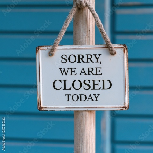 Rectangular white metal sign with black lettering reading 'sorry, we are closed today' hanging from a rustic wooden post against a blue wall